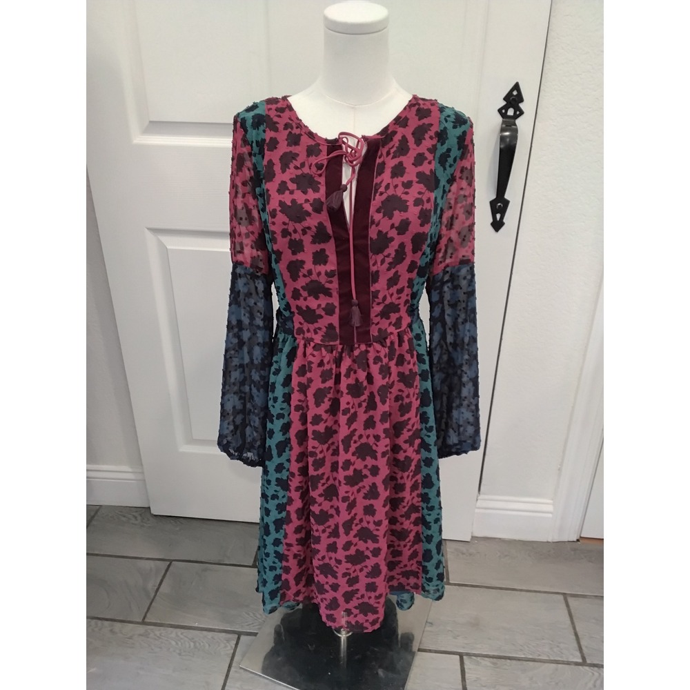 Matilda Jane Colorblock Clip Dot Floral Boho Midi Dress Burgundy Teal Small